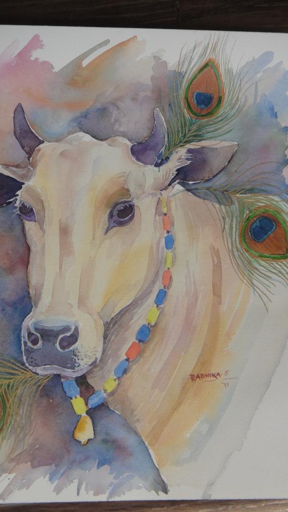  Title : Krishna s Cow II   |    Medium : Transparent water colour  |   Size 14'' 20''   | Sold