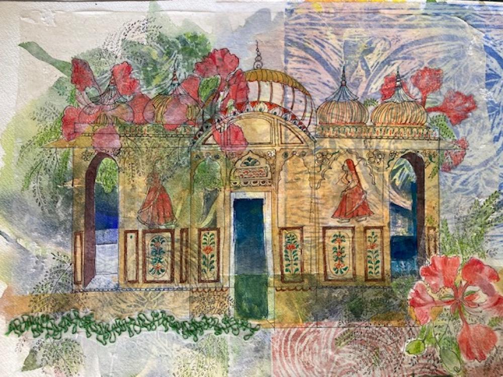  Title : haveli    |    Medium : Japanese paper layering using pen and ink, colour pencils , water colour ,   |   Size 18'' x 12''   | Sold