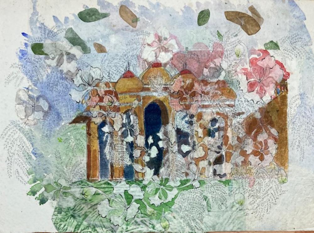  Title : haveli 5   |    Medium : Japanese paper layering using pen and ink, colour pencils , water colour , thread  |   Size 18'' x 12''